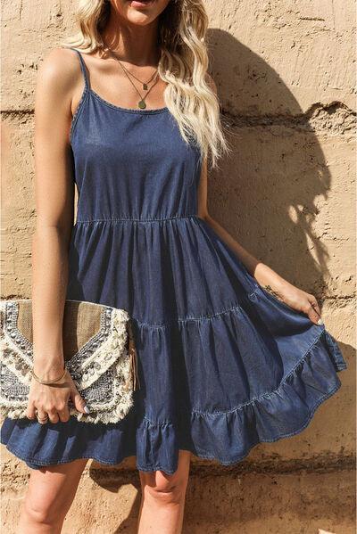 Spaghetti Strap Tiered Denim Dress - Immenzive