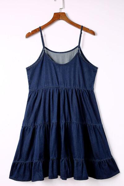 Spaghetti Strap Tiered Denim Dress - Immenzive