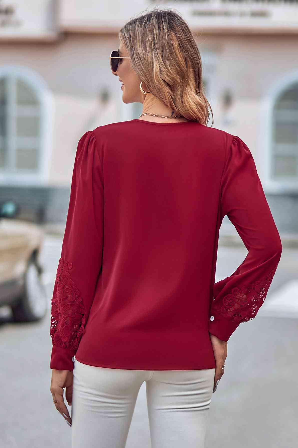 Spliced Lace V-Neck Puff Sleeve Shirt - Immenzive
