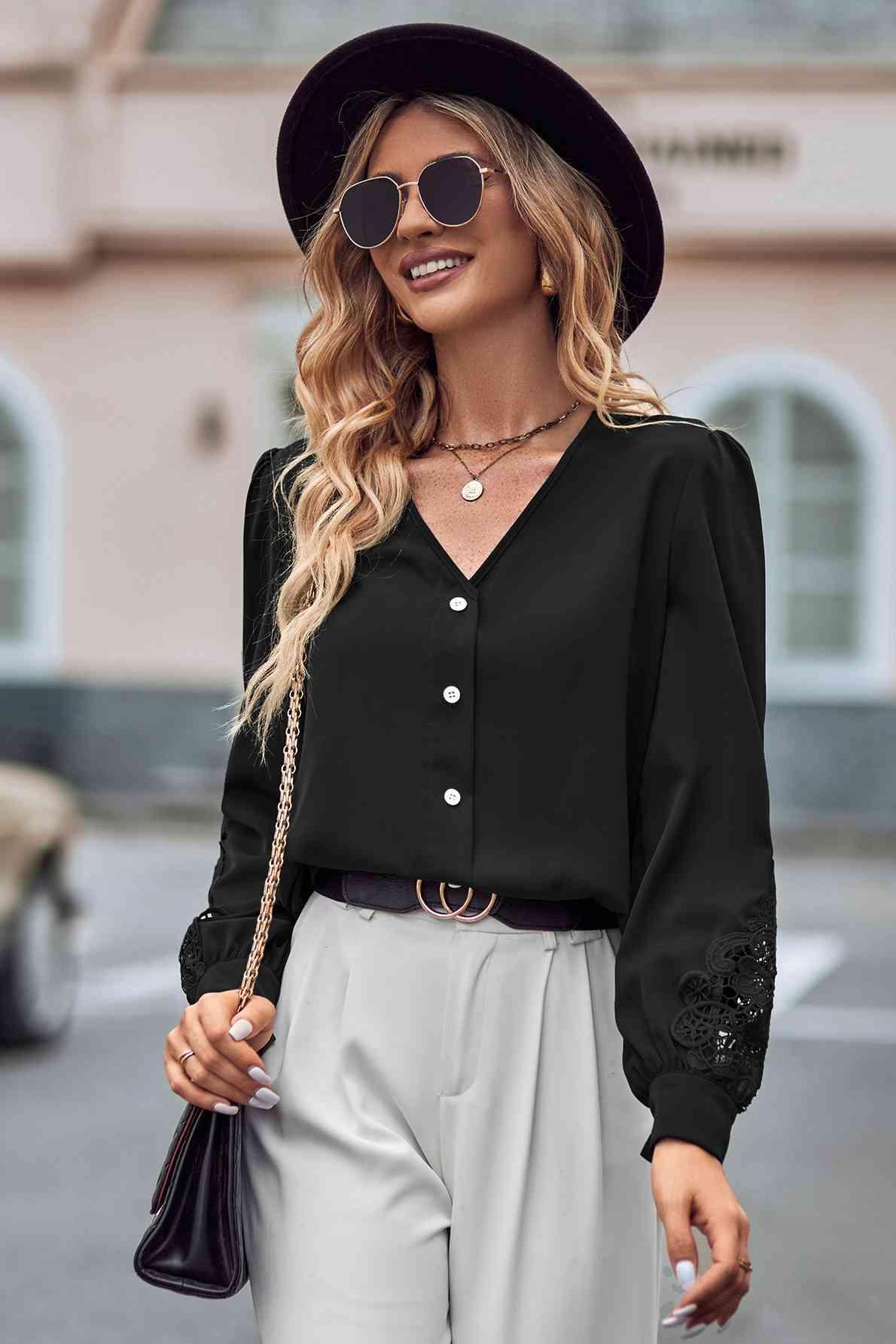 Spliced Lace V-Neck Puff Sleeve Shirt - Immenzive