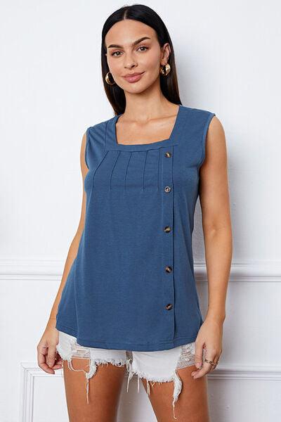 Square Neck Decorative Button Tank - Immenzive