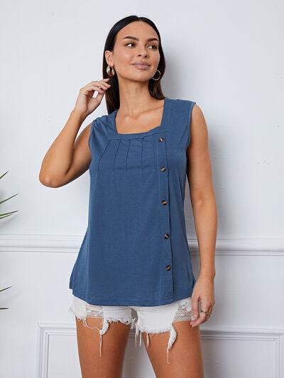 Square Neck Decorative Button Tank - Immenzive