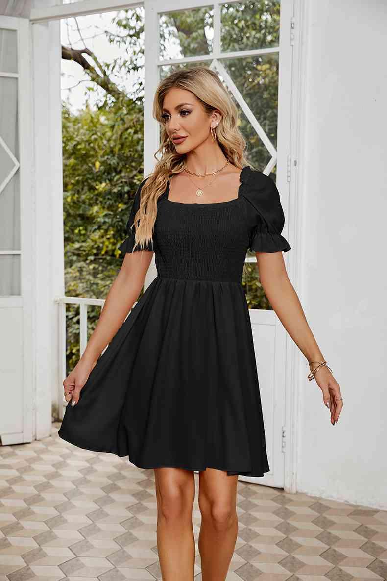 Square Neck Flounce Sleeve Smocked Dress - Immenzive