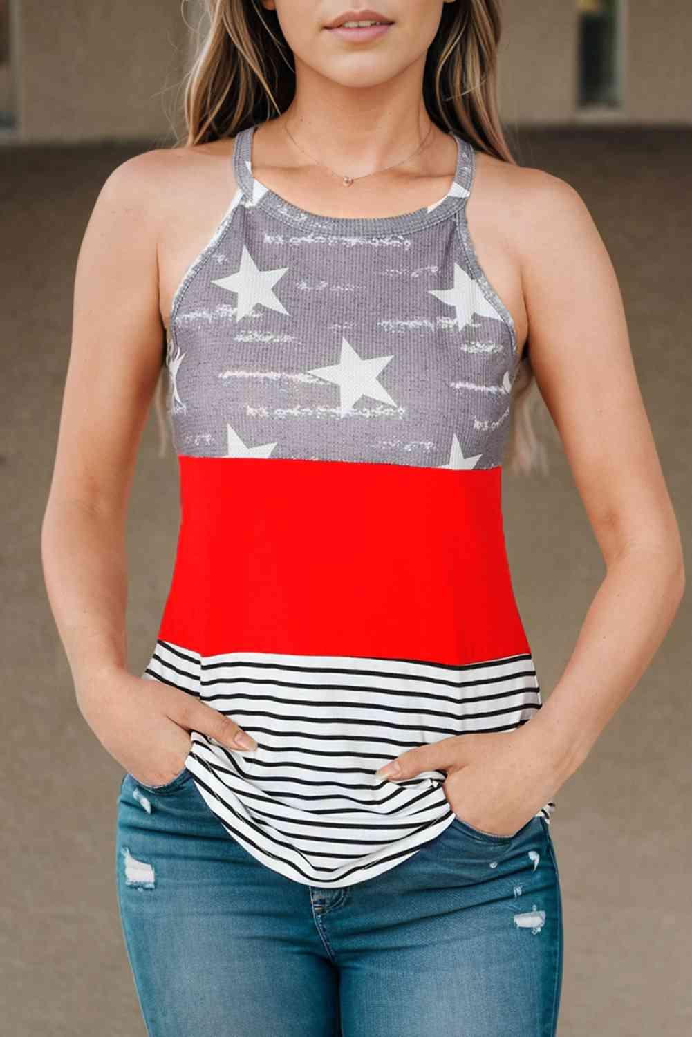 Star and Stripe Color Block Curved Hem Tank - Immenzive
