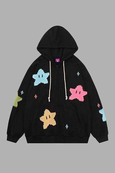 Star Drawstring Zip Up Dropped Shoulder Hoodie - Immenzive