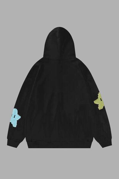 Star Drawstring Zip Up Dropped Shoulder Hoodie - Immenzive