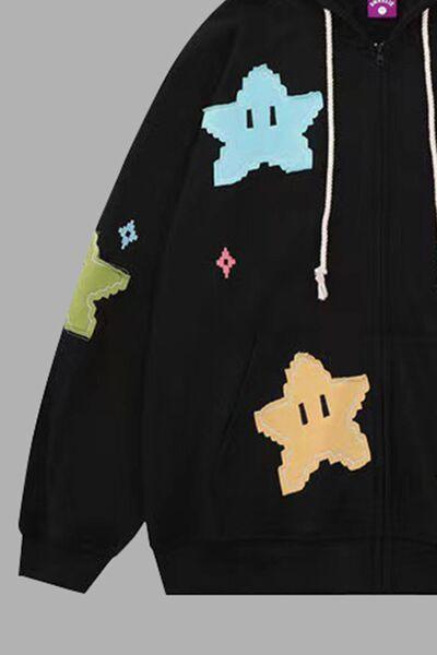 Star Drawstring Zip Up Dropped Shoulder Hoodie - Immenzive