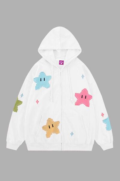 Star Drawstring Zip Up Dropped Shoulder Hoodie - Immenzive