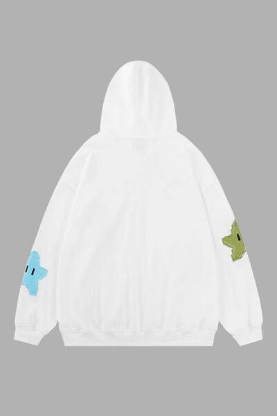Star Drawstring Zip Up Dropped Shoulder Hoodie - Immenzive