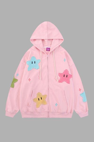 Star Drawstring Zip Up Dropped Shoulder Hoodie - Immenzive