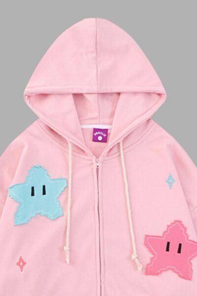 Star Drawstring Zip Up Dropped Shoulder Hoodie - Immenzive