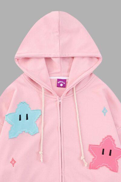 Star Drawstring Zip Up Dropped Shoulder Hoodie - Immenzive