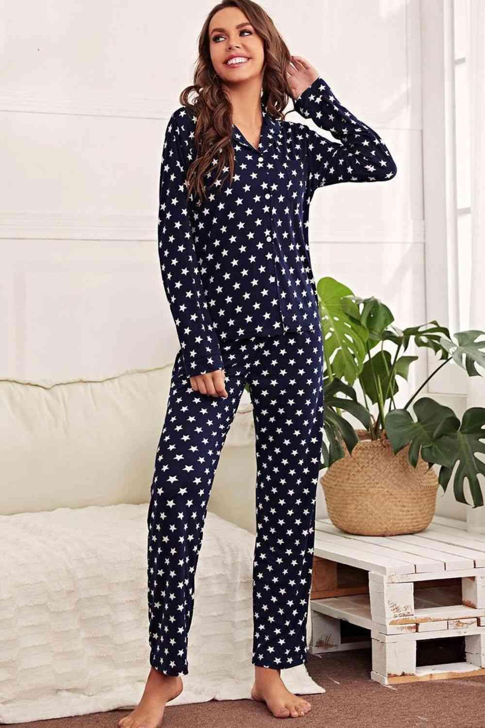 Star Print Button-Up Shirt and Pants Lounge Set - Immenzive