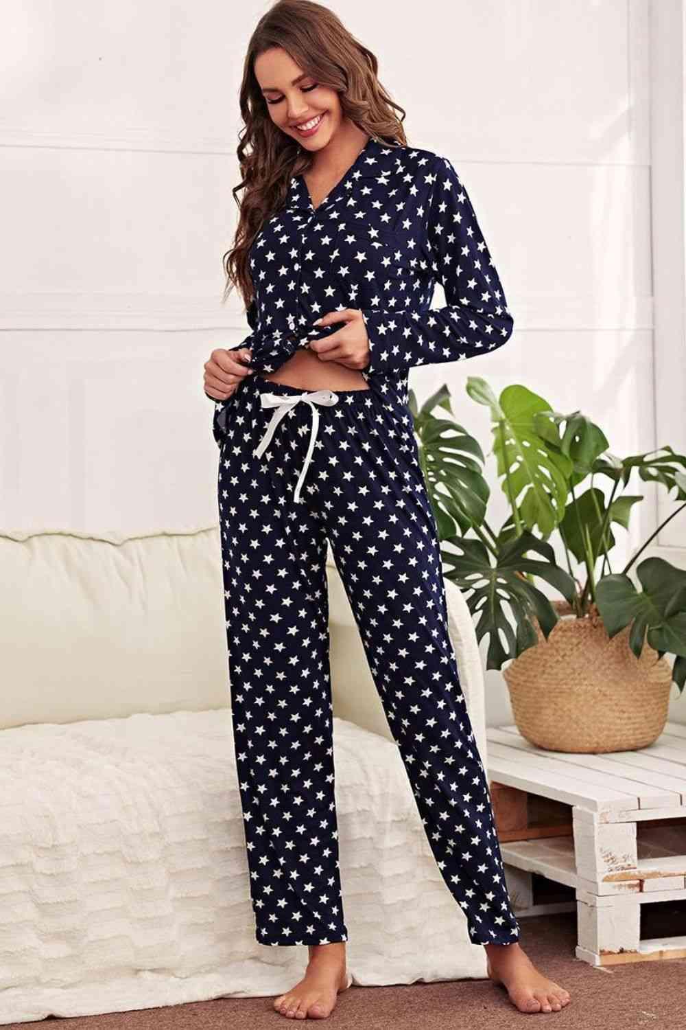Star Print Button-Up Shirt and Pants Lounge Set - Immenzive
