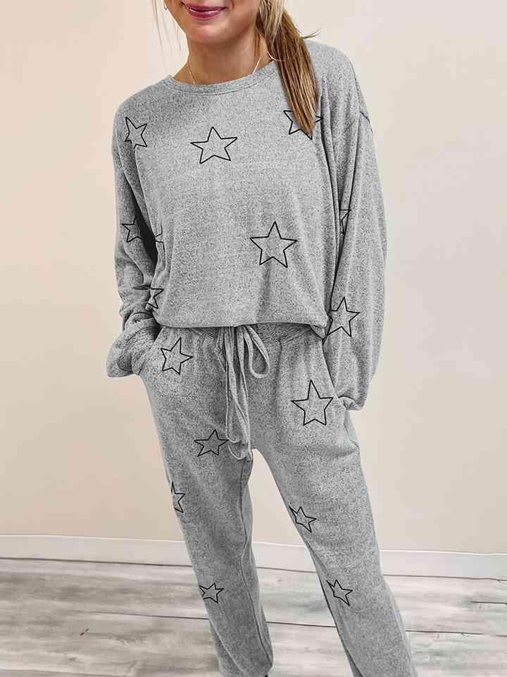 Star Print Long Sleeve Top and Pants Lounge Set - Immenzive