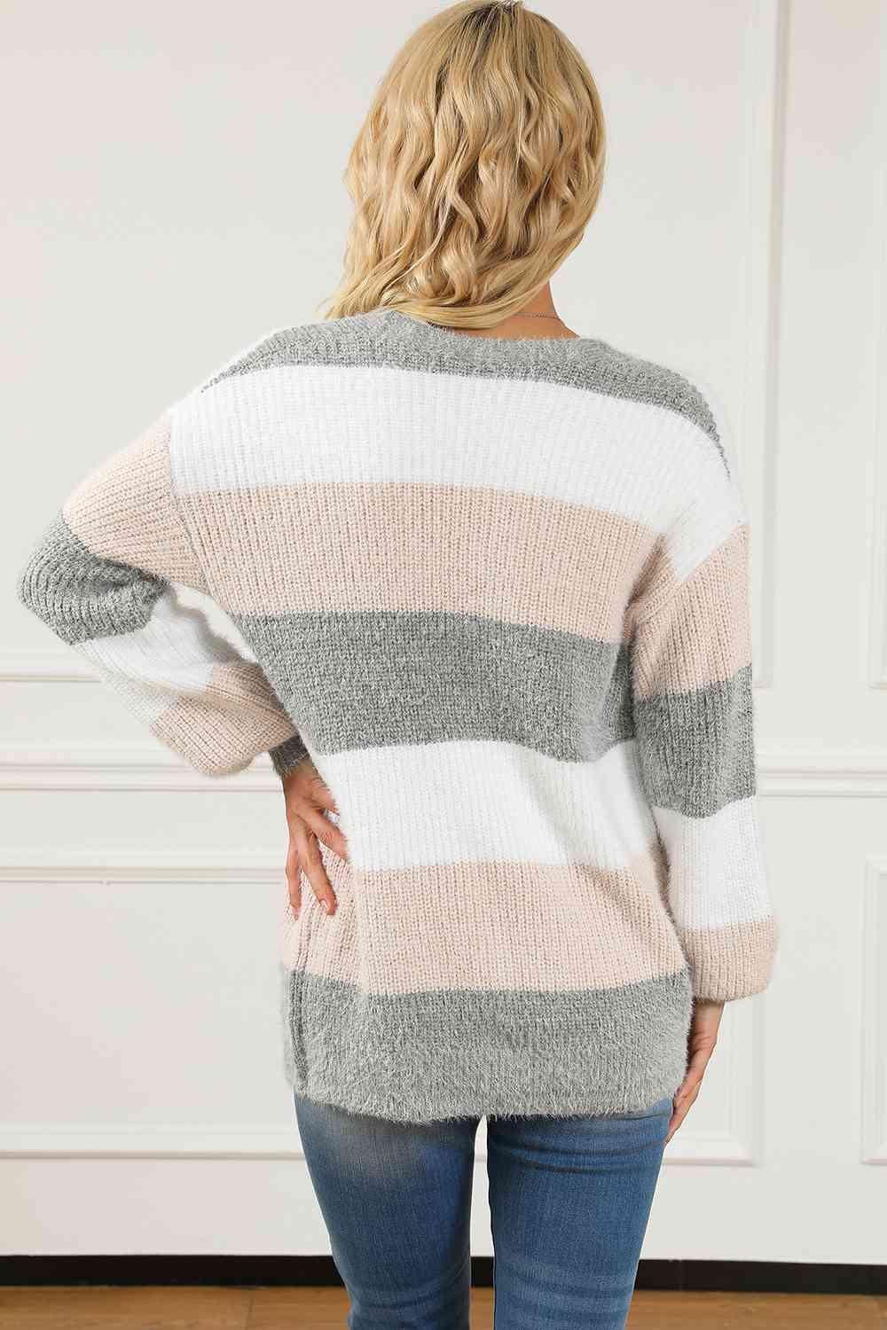 Striped ButtonUp V-Neck Long Sleeve Cardigan - Immenzive