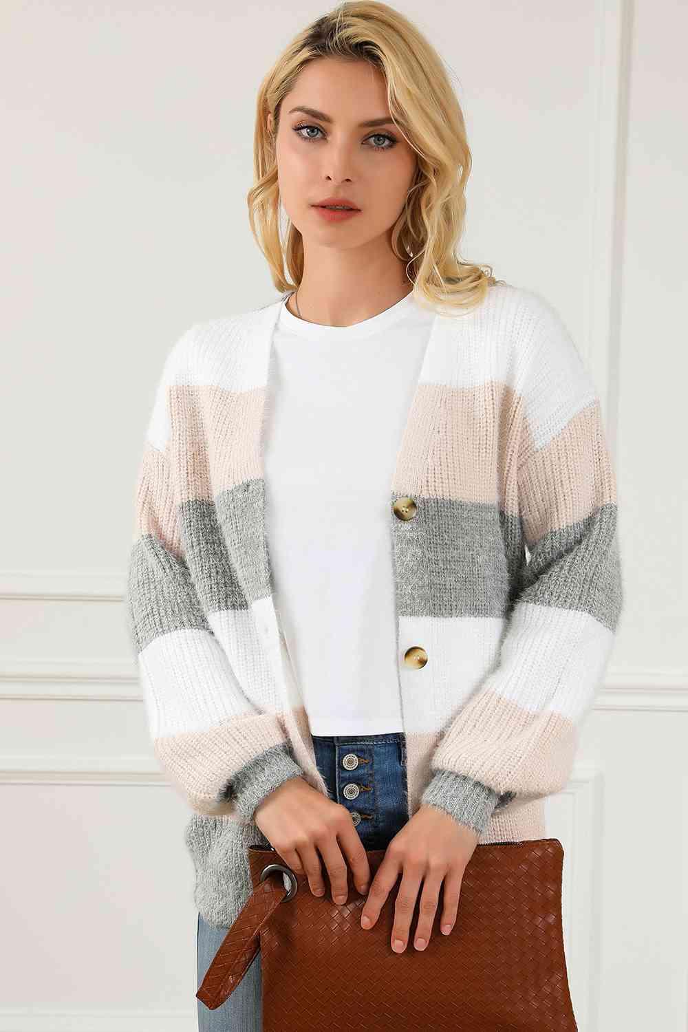Striped ButtonUp V-Neck Long Sleeve Cardigan - Immenzive