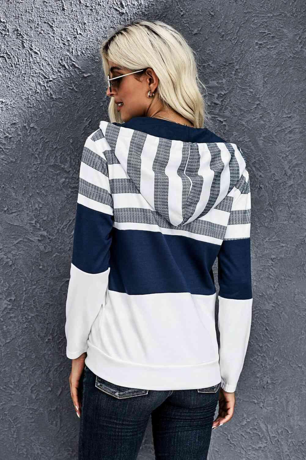 Striped Color Block Drawstring Zip Up Hoodie - Immenzive