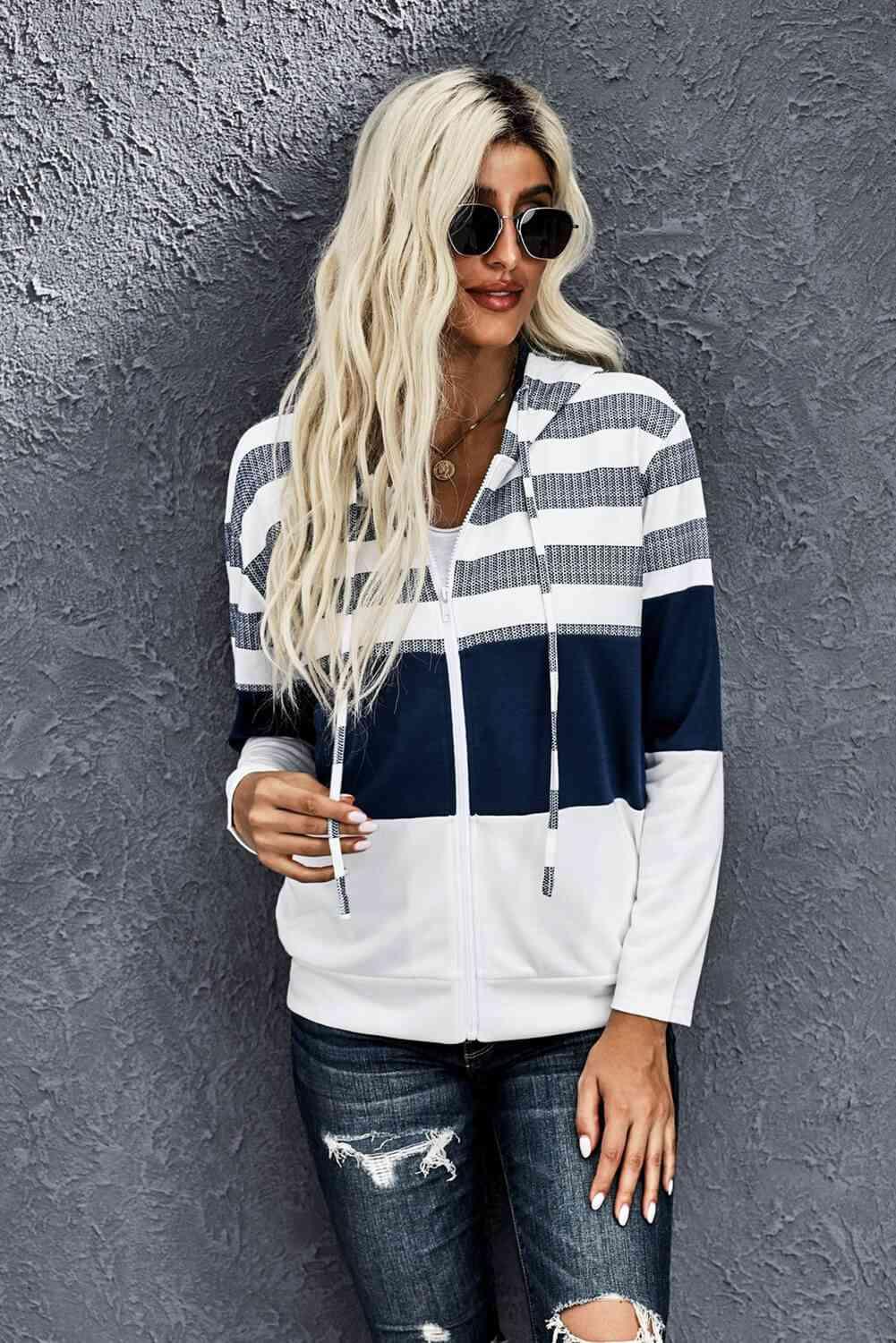 Striped Color Block Drawstring Zip Up Hoodie - Immenzive