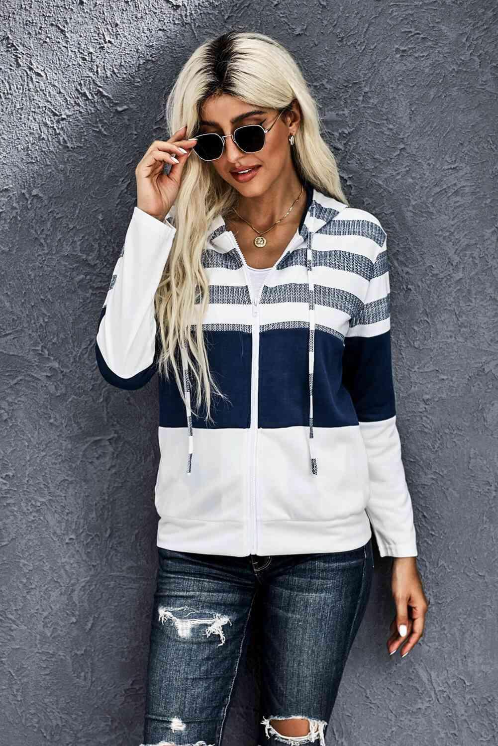 Striped Color Block Drawstring Zip Up Hoodie - Immenzive