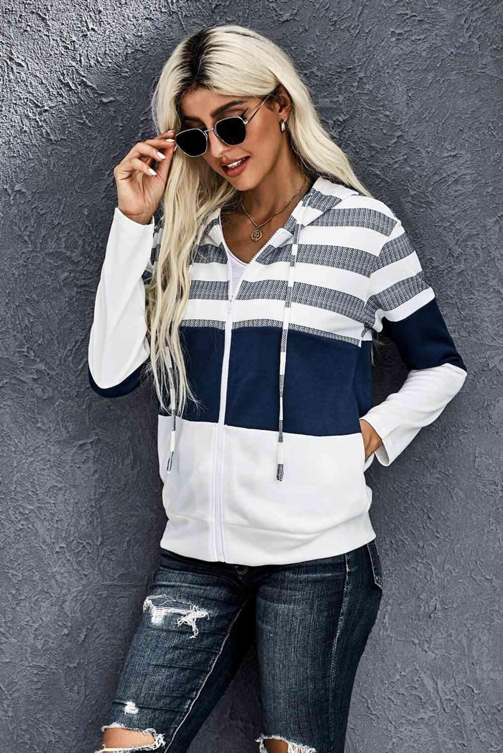 Striped Color Block Drawstring Zip Up Hoodie - Immenzive