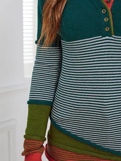 Striped Contrast Notched Long Sleeve Sweater - Immenzive