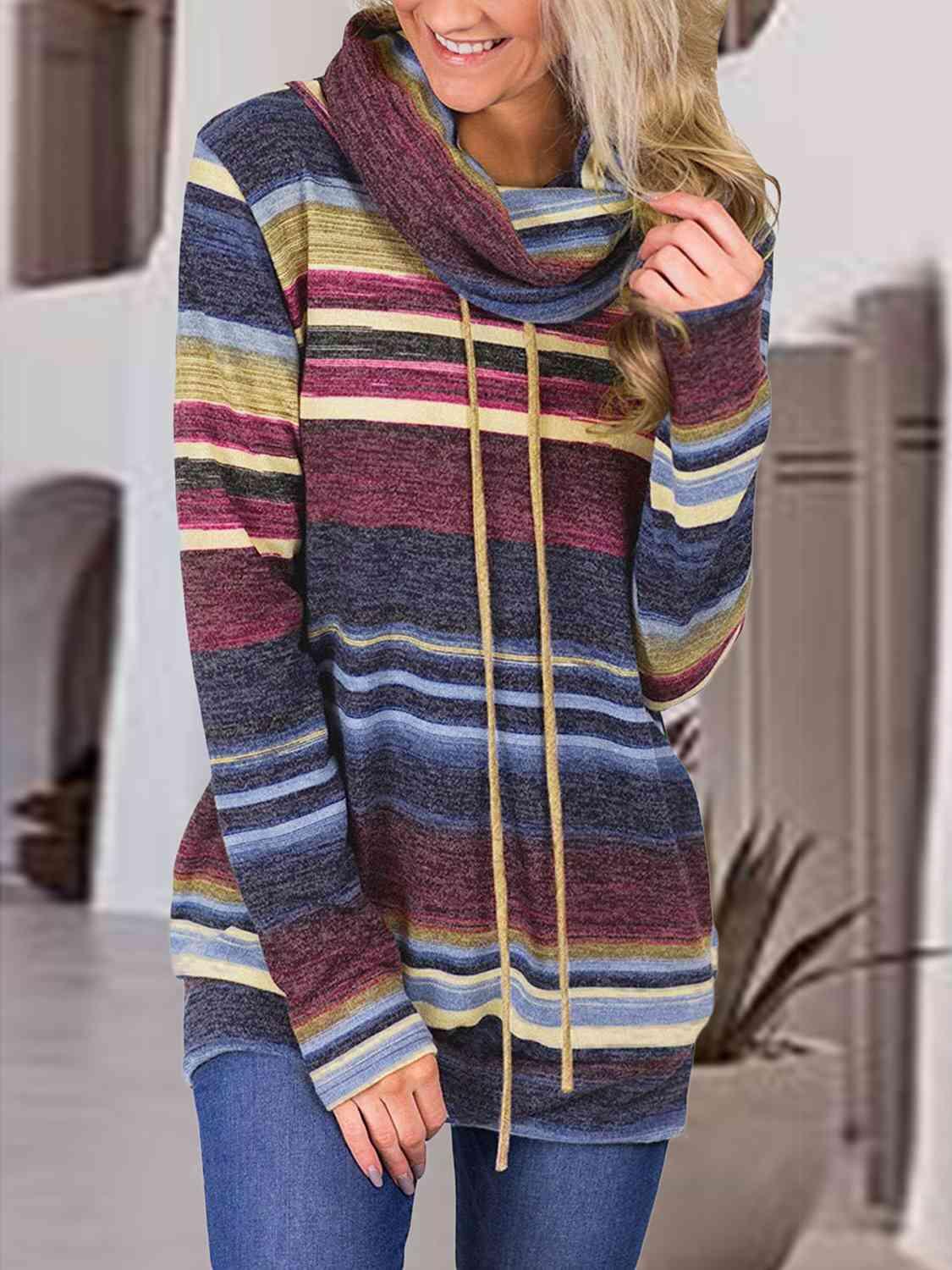 Striped Drawstring Cowl Neck Sweatshirt - Immenzive