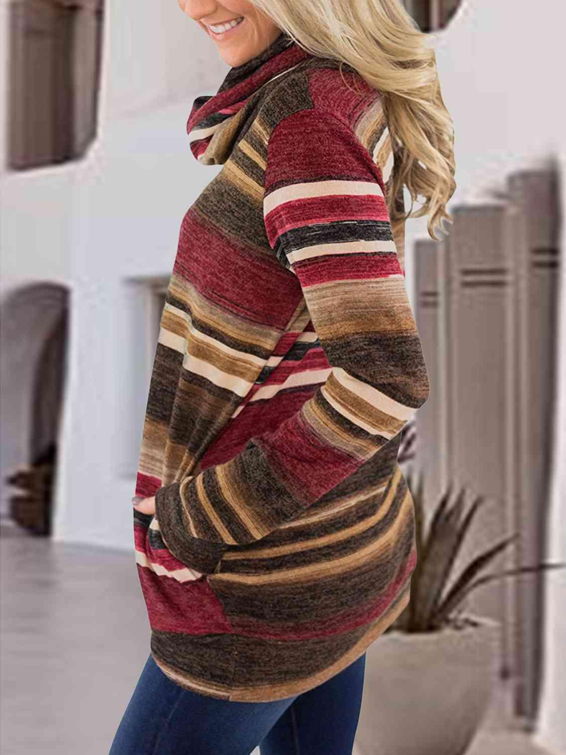 Striped Drawstring Cowl Neck Sweatshirt - Immenzive