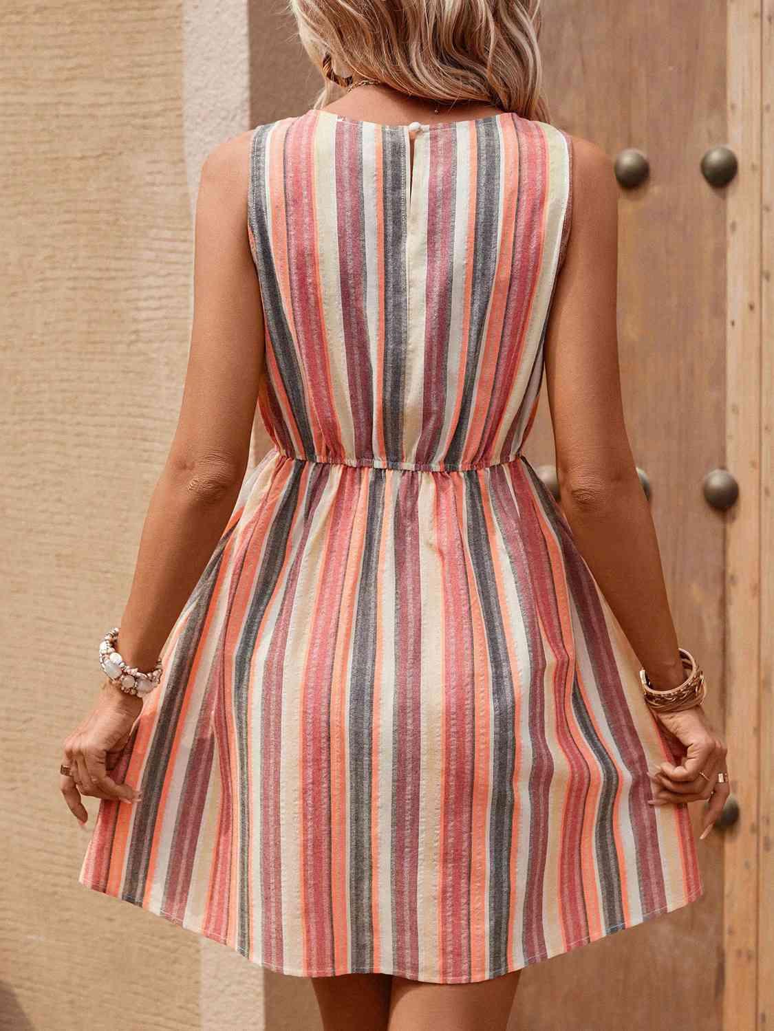 Striped Drawstring Round Neck Sleeveless Dress - Immenzive