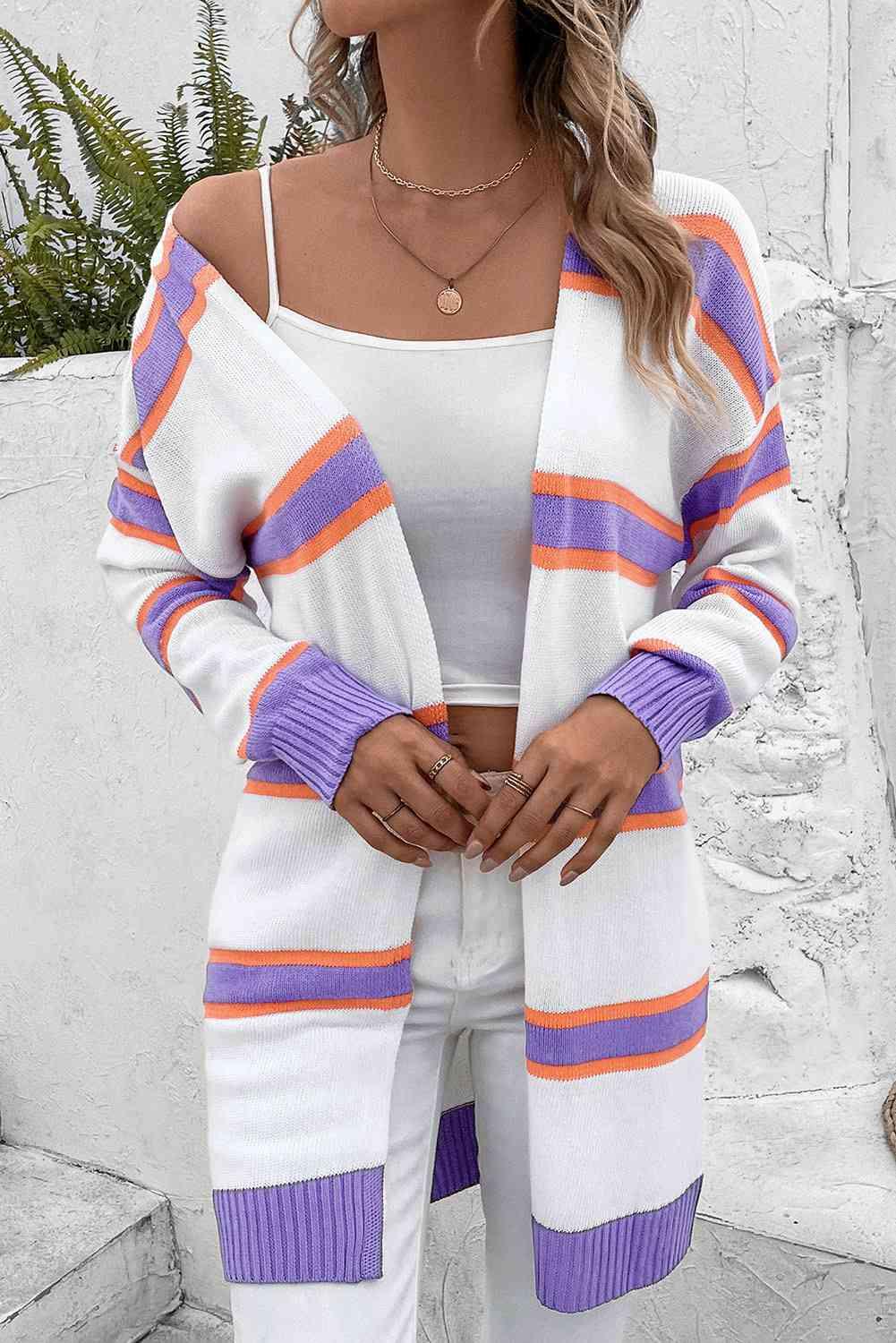 Striped Dropped Shoulder Cardigan - Immenzive