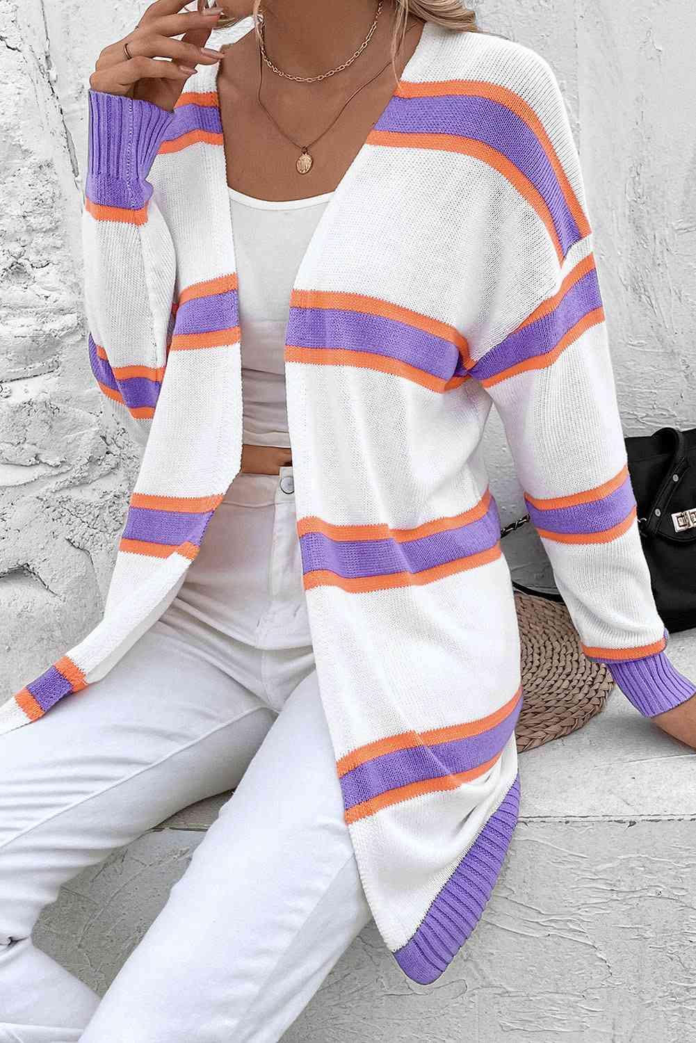 Striped Dropped Shoulder Cardigan - Immenzive