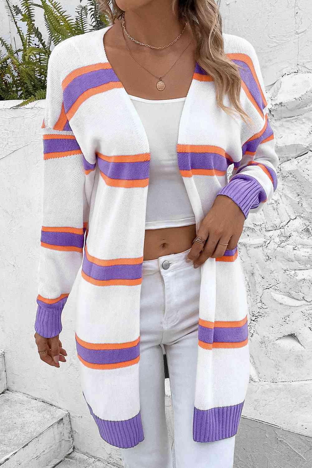 Striped Dropped Shoulder Cardigan - Immenzive