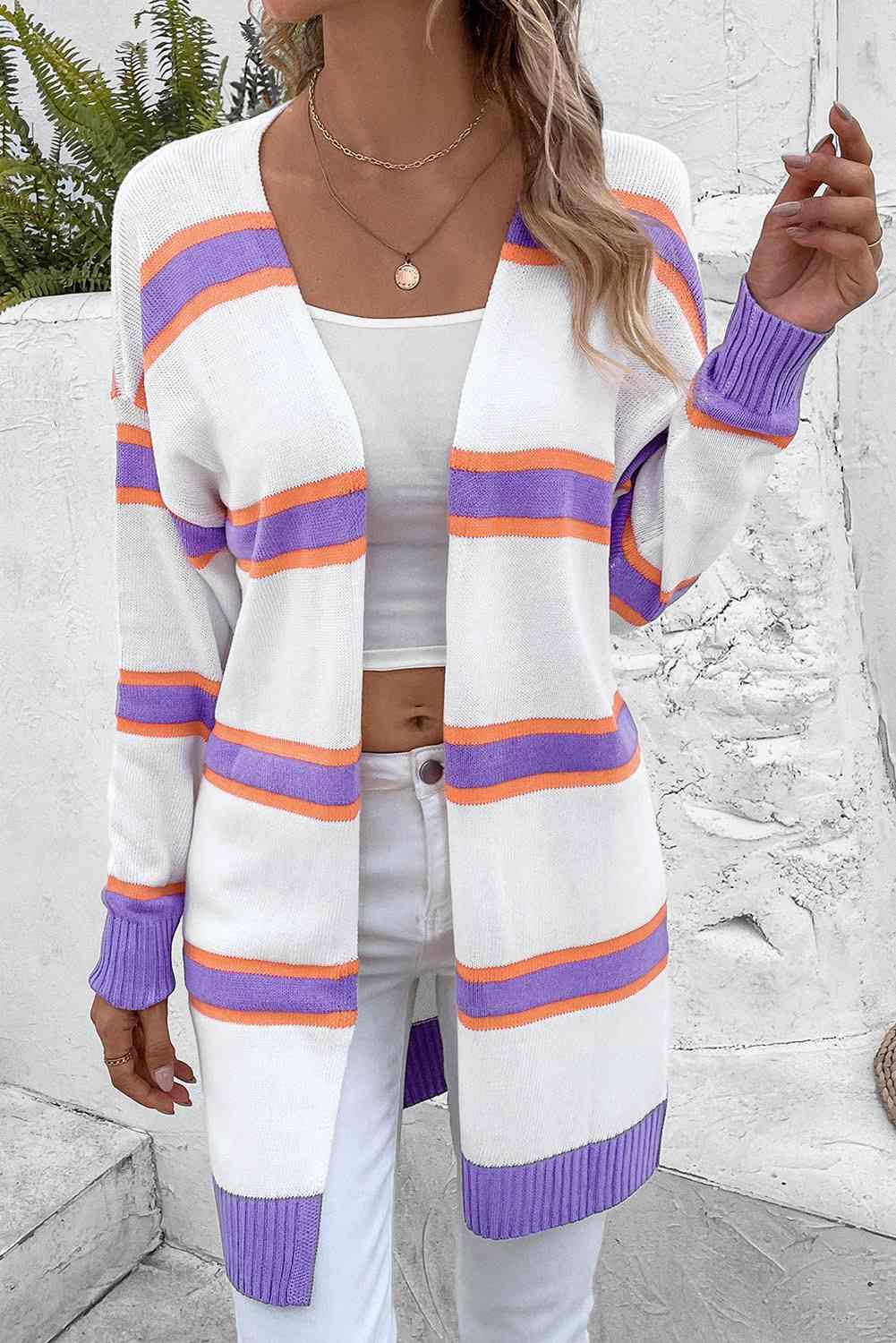 Striped Dropped Shoulder Cardigan - Immenzive