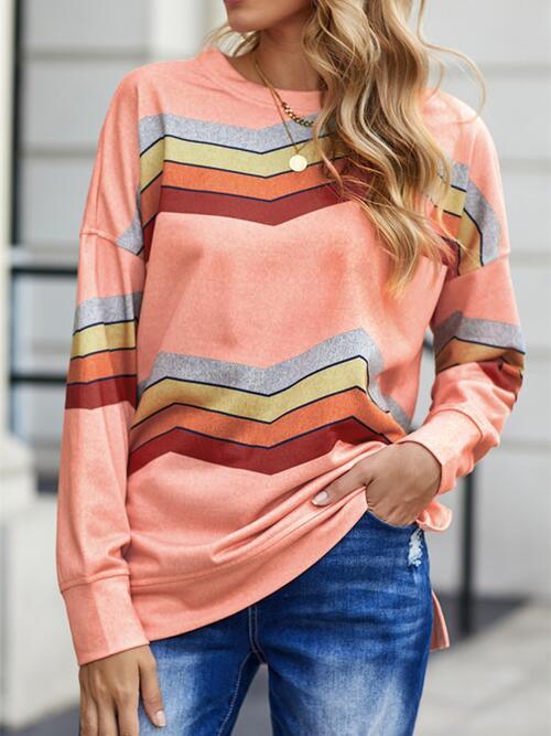 Striped Dropped Shoulder Slit Sweatshirt - Immenzive