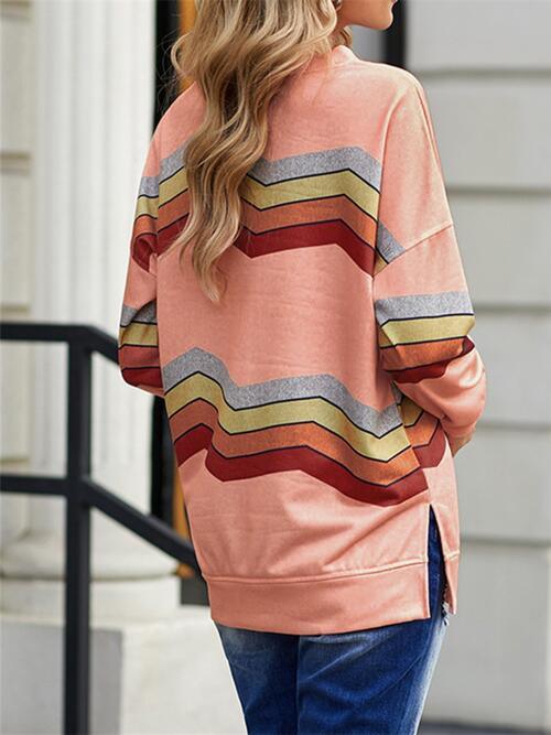 Striped Dropped Shoulder Slit Sweatshirt - Immenzive