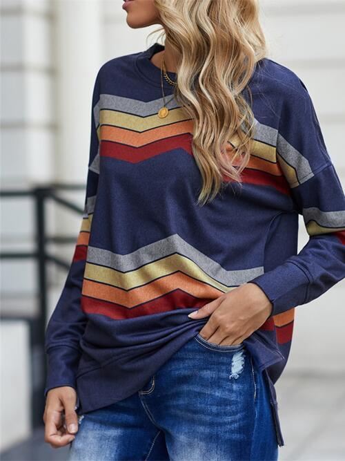 Striped Dropped Shoulder Slit Sweatshirt - Immenzive