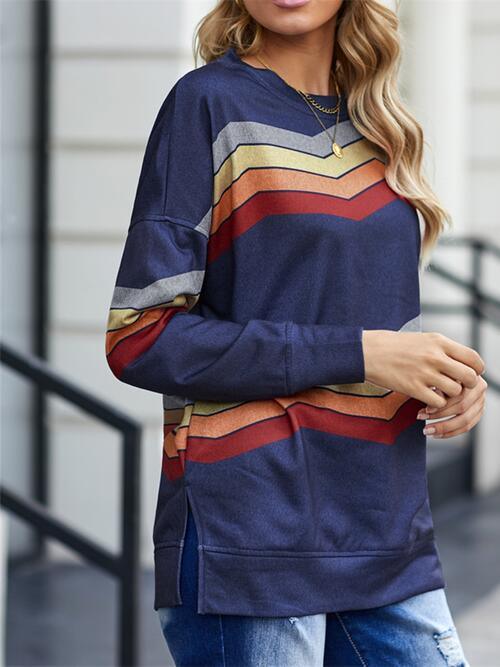 Striped Dropped Shoulder Slit Sweatshirt - Immenzive
