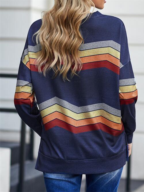 Striped Dropped Shoulder Slit Sweatshirt - Immenzive
