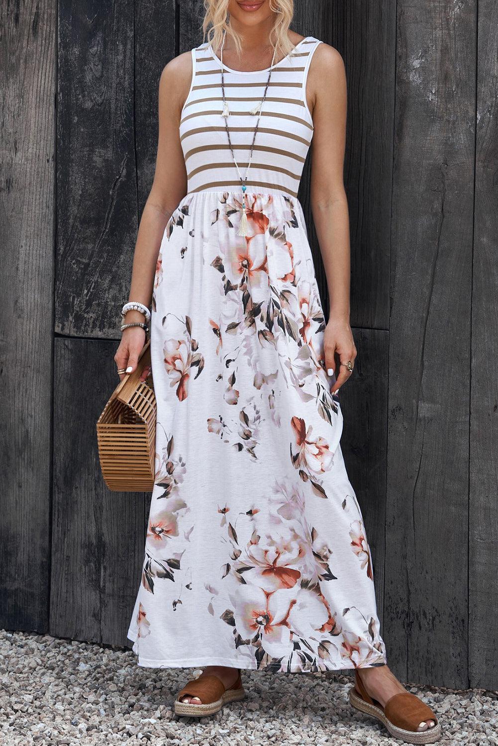 Striped Floral Round Neck Sleeveless Maxi Dress - Immenzive