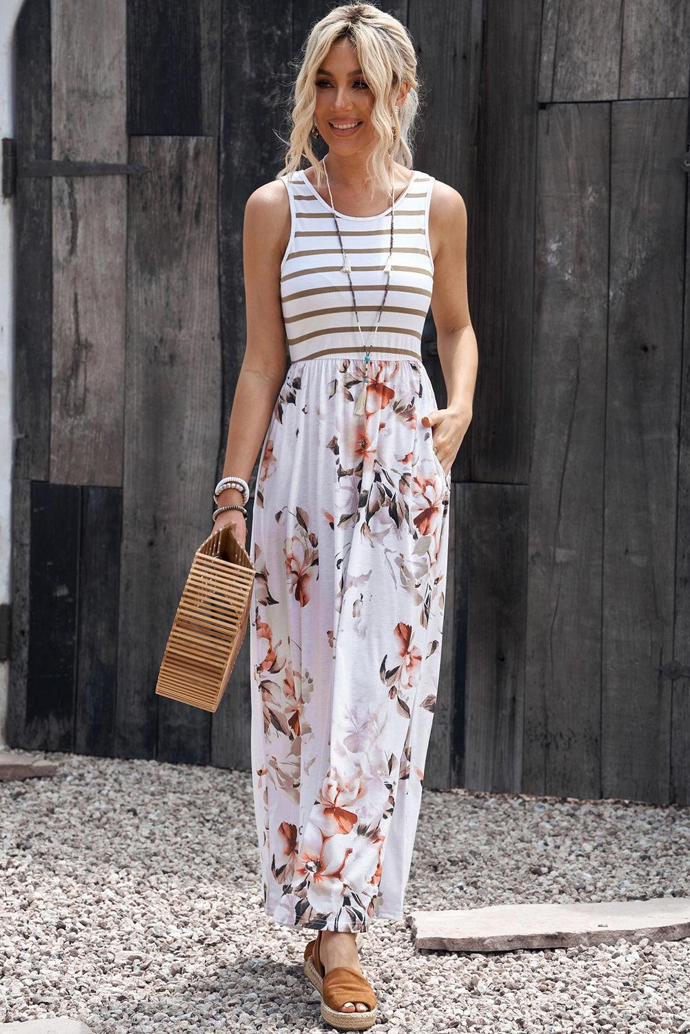 Striped Floral Round Neck Sleeveless Maxi Dress - Immenzive