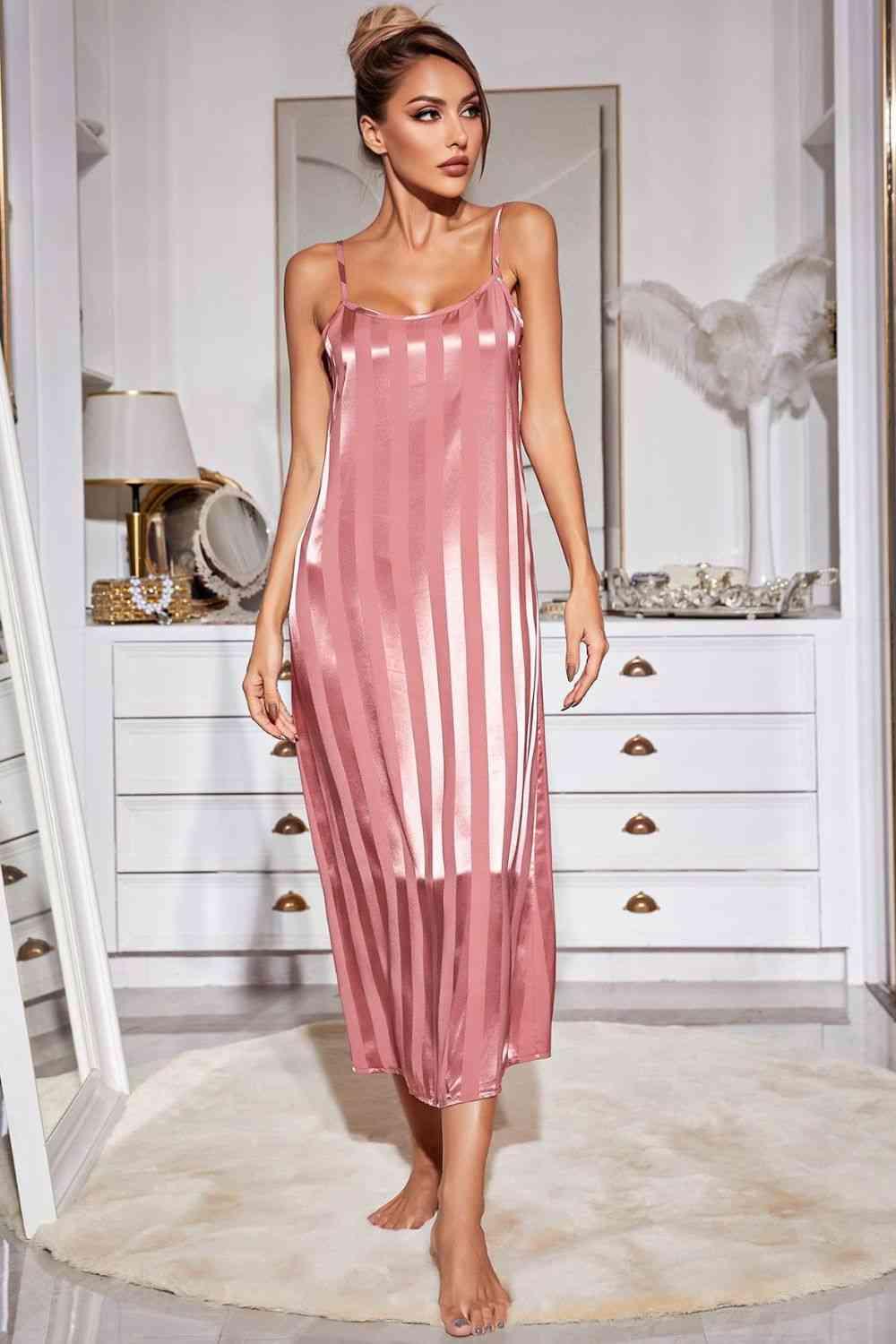 Striped Flounce Sleeve Open Front Robe and Cami Dress Set - Immenzive