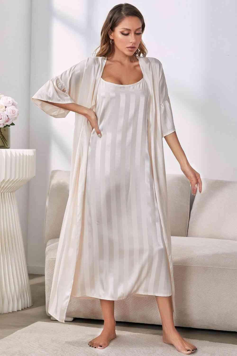 Striped Flounce Sleeve Open Front Robe and Cami Dress Set - Immenzive