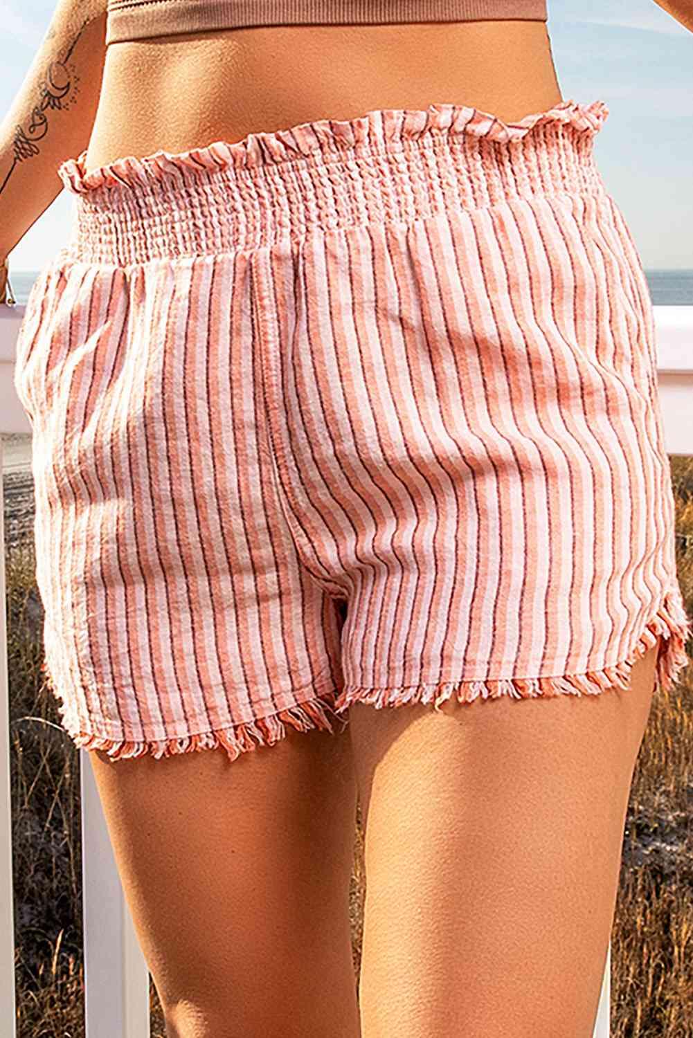 Striped Frayed Hem Paperbag Shorts - Immenzive