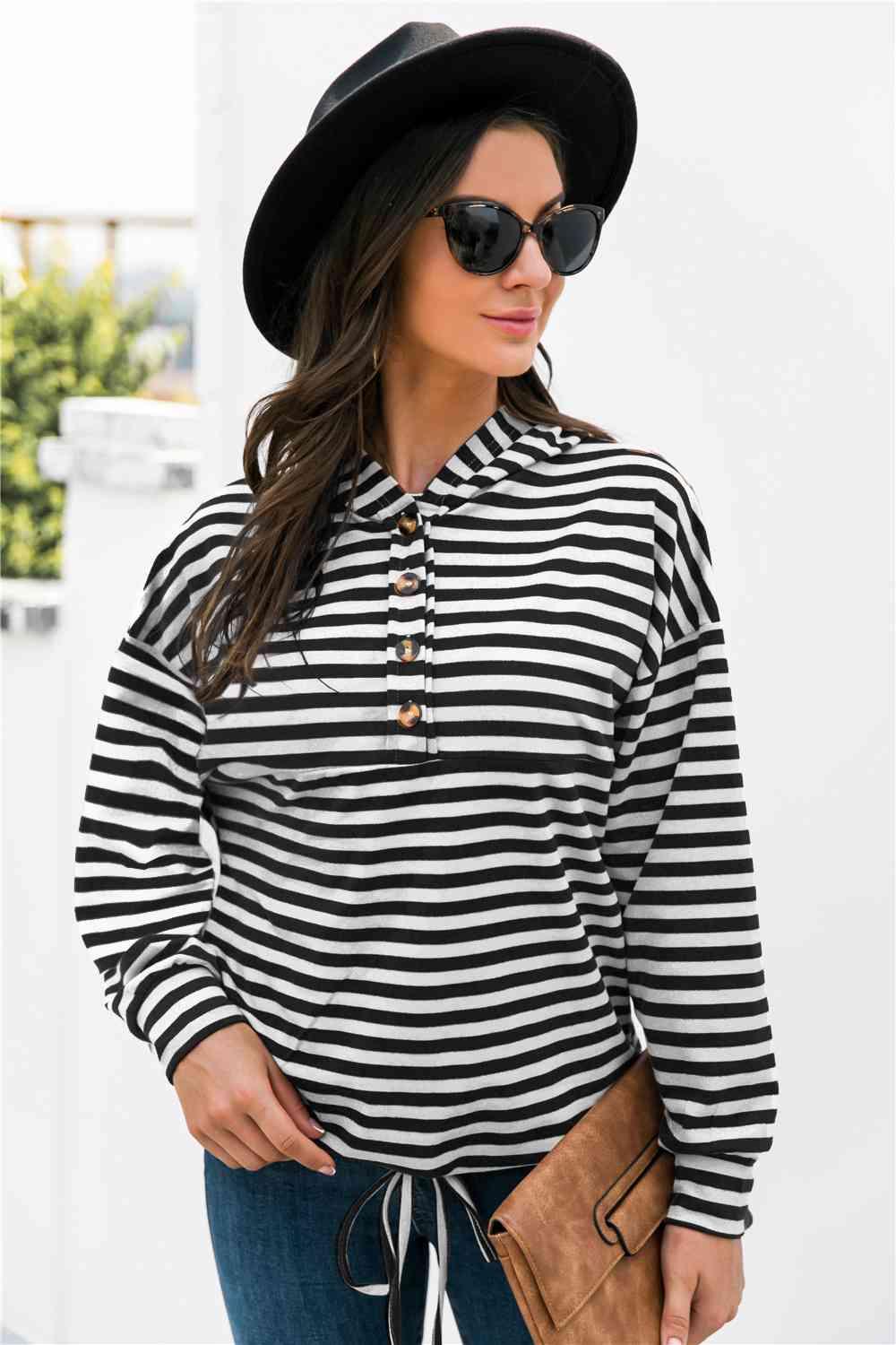 Striped Half-Button Dropped Shoulder Hoodie - Immenzive