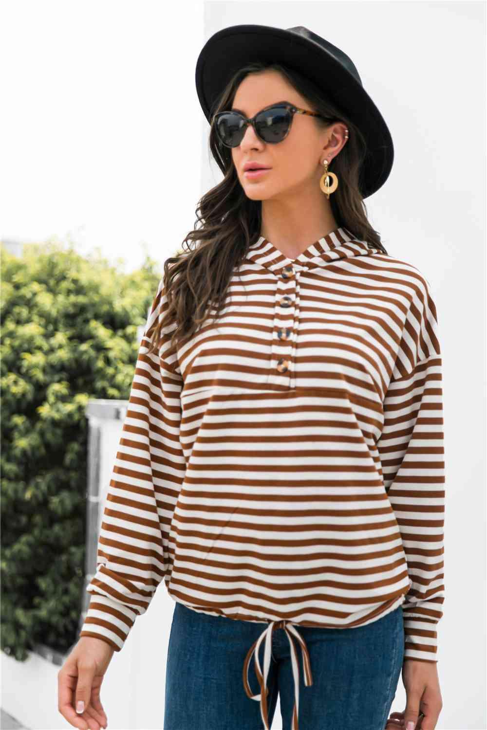 Striped Half-Button Dropped Shoulder Hoodie - Immenzive