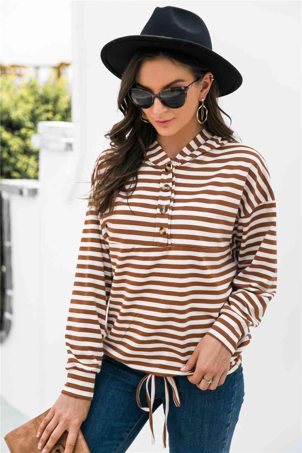 Striped Half-Button Dropped Shoulder Hoodie - Immenzive
