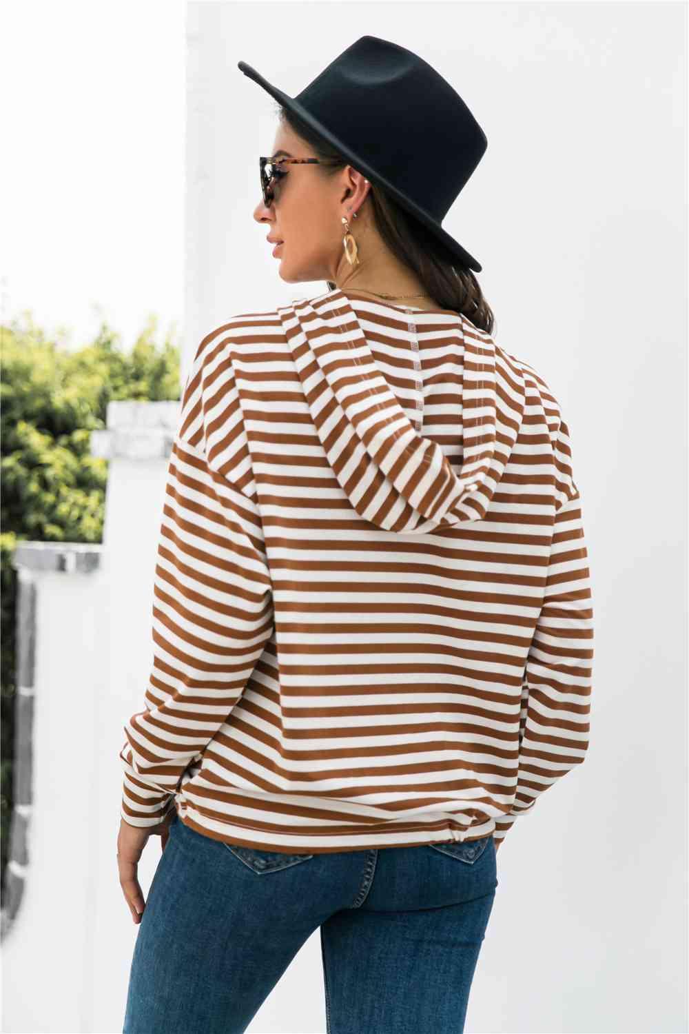 Striped Half-Button Dropped Shoulder Hoodie - Immenzive