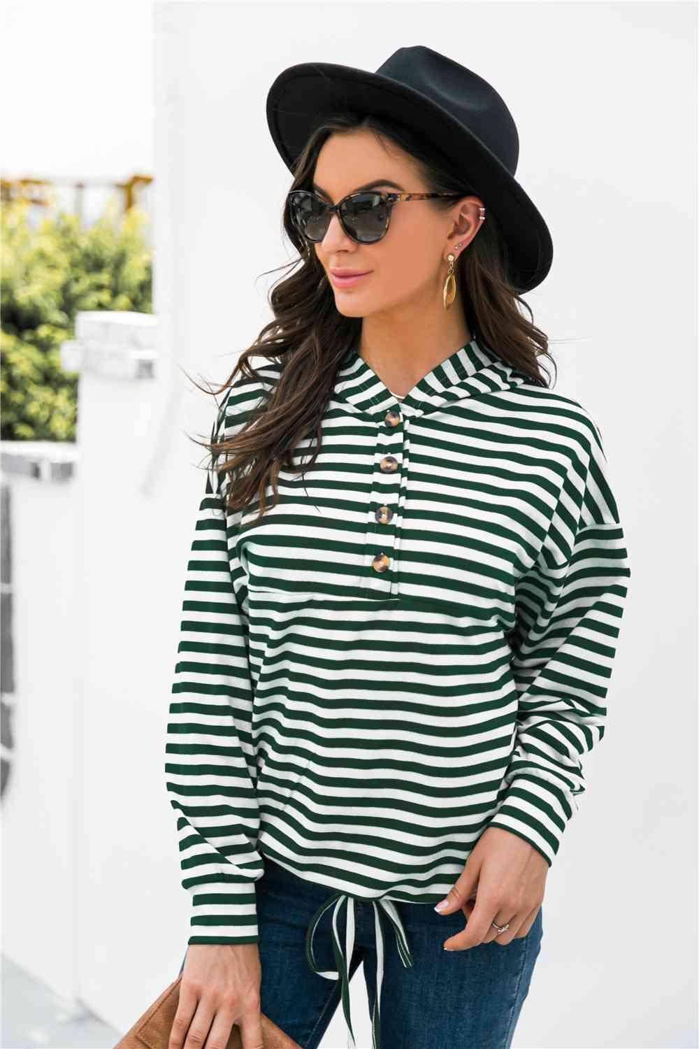 Striped Half-Button Dropped Shoulder Hoodie - Immenzive