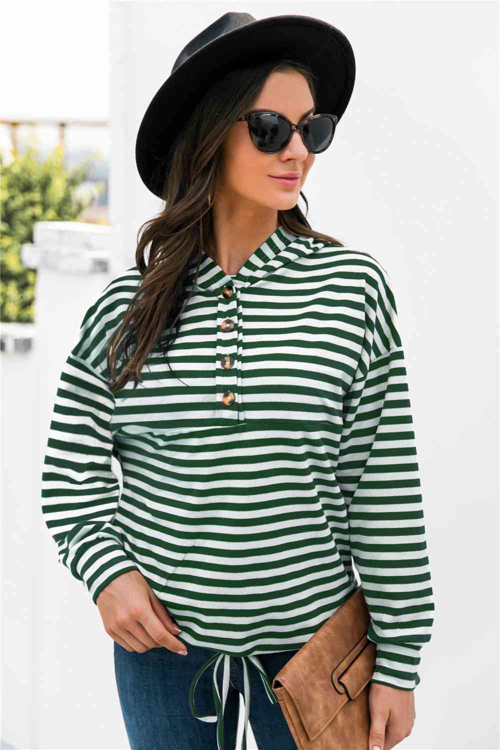Striped Half-Button Dropped Shoulder Hoodie - Immenzive