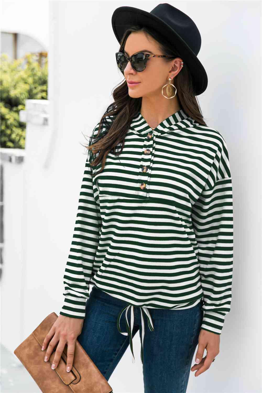 Striped Half-Button Dropped Shoulder Hoodie - Immenzive